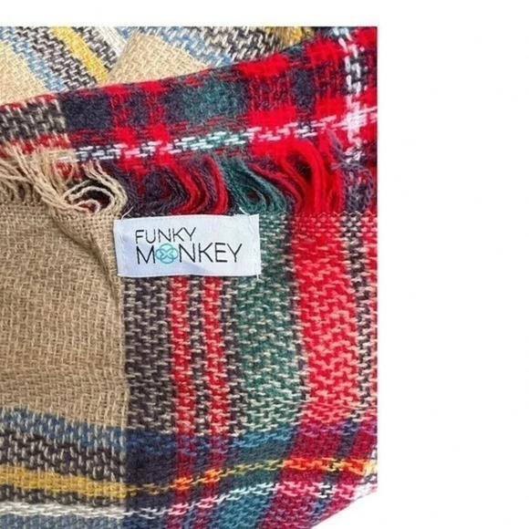 Funky Monkey Women’s Plaid Fall Winter Blanket Infinity Scarf Wrap Tan Red New - Picture 4 of 5